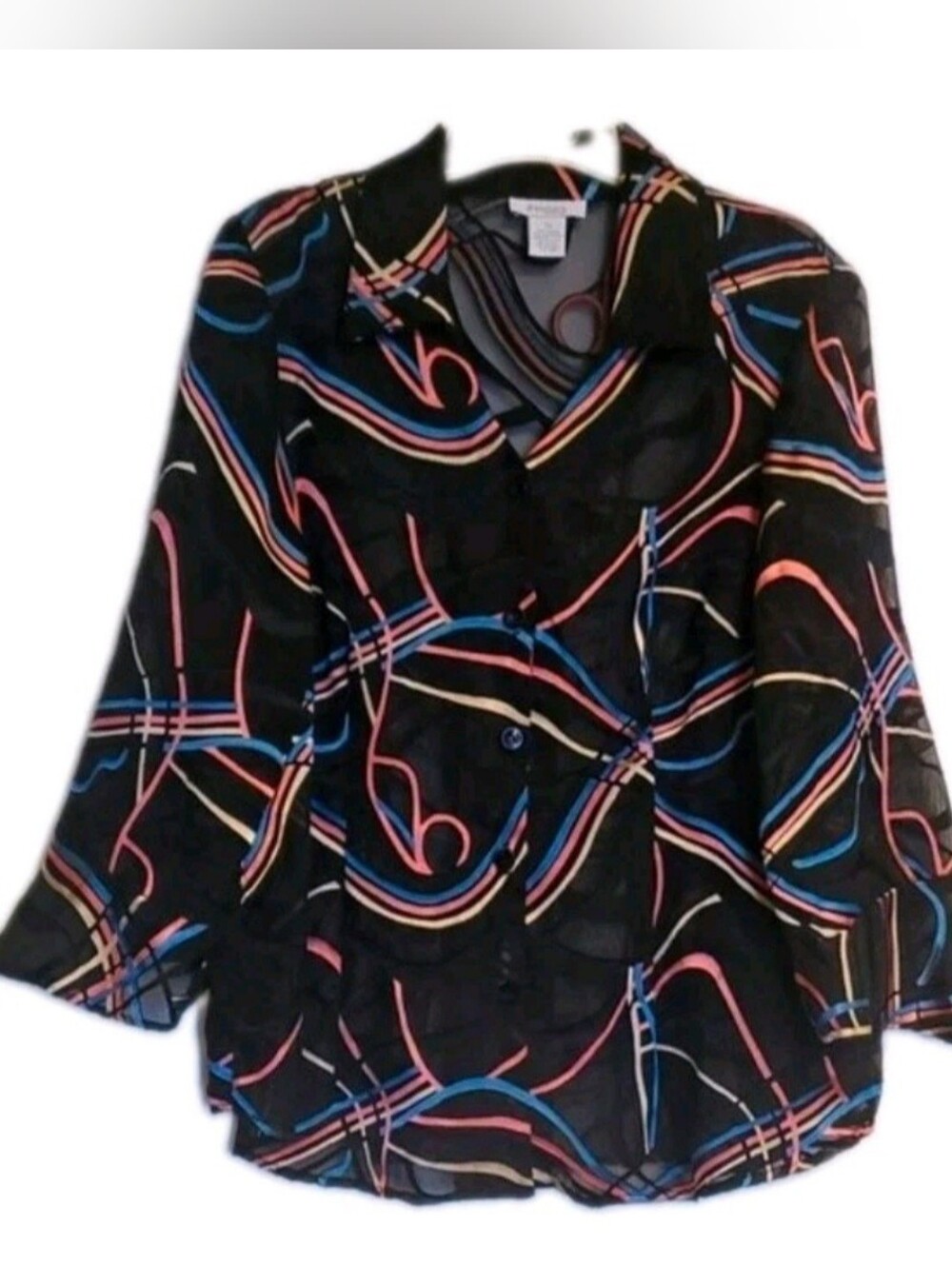 Dressbarn Vintage 90s USABlack Sheer Chiffon AbstractCollared Button Blouse 1X